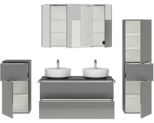 Meubles de salle de bain gris avec double vasque, armoire de toilette et armoires hautes