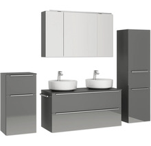 Doppel-Badmöbel-Set NOBILIA Programm 3 BxHxT 230 x 169,1 x 48,7 cm Frontfarbe grau hochglanz mit Möbel-Waschtisch und Spiegelschrank 3-türig mit LED-Beleuchtung Unterschrank Midischrank Griffleiste chrom matt 580