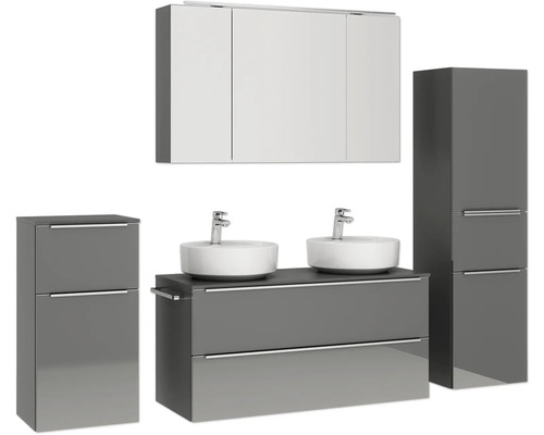 Ensemble de salle de bains moderne avec meuble-lavabo, deux vasques, armoire de toilette et armoire latérale pour une salle de bains élégante