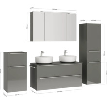 Doppel-Badmöbel-Set NOBILIA Programm 3 BxHxT 230 x 169,1 x 48,7 cm Frontfarbe grau hochglanz mit Möbel-Waschtisch und Spiegelschrank 3-türig mit LED-Beleuchtung Unterschrank Midischrank Griffleiste chrom matt 580