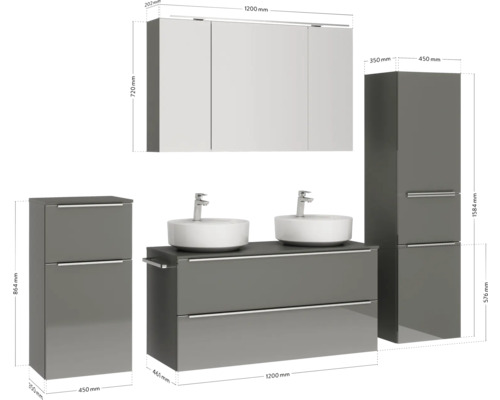 Ensemble de salle de bains avec meuble sous-lavabo, deux vasques à poser, armoire de toilette et deux armoires hautes avec dimensions
