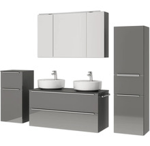 Doppel-Badmöbel-Set NOBILIA Programm 3 BxHxT 230 x 169,1 x 48,7 cm Frontfarbe grau hochglanz mit Möbel-Waschtisch und Spiegelschrank 3-türig mit LED-Beleuchtung Unterschrank Midischrank Griffleiste chrom matt 580
