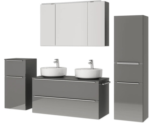 Ensemble de meubles de salle de bains avec meuble-lavabo, lavabo à poser, armoire de toilette et armoire haute