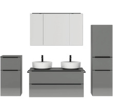 Set de meubles de salle de bains double NOBILIA Programm 3 lxhxp 230 x 169,1 x 48,7 cm couleur de façade gris haute brillance avec vasque pour meuble et armoire de toilette à 3 portes avec éclairage LED meuble bas armoire midi barre de prise noire 581