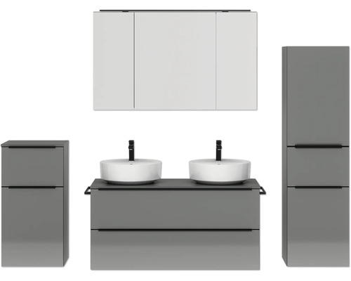 Doppel-Badmöbel-Set NOBILIA Programm 3 BxHxT 230 x 169,1 x 48,7 cm Frontfarbe grau hochglanz mit Möbel-Waschtisch und Spiegelschrank 3-türig mit LED-Beleuchtung Unterschrank Midischrank Griffleiste schwarz 581 Modernes Badezimmerset mit Doppelwaschbecken, Waschtisch, Hängeschrank und Hochschränken
