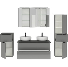 Set de meubles de salle de bains double NOBILIA Programm 3 lxhxp 230 x 169,1 x 48,7 cm couleur de façade gris haute brillance avec vasque pour meuble et armoire de toilette à 3 portes avec éclairage LED meuble bas armoire midi barre de prise noire 581