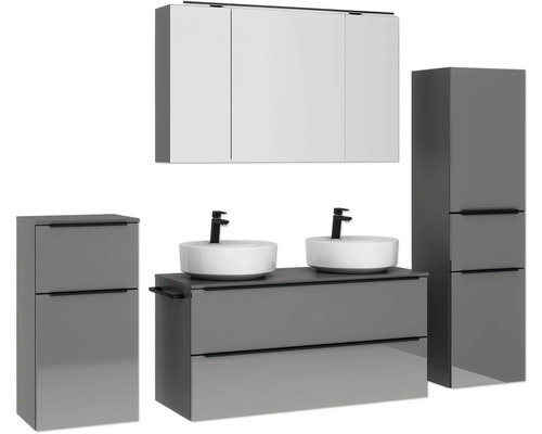 Ensemble de meubles de salle de bains avec meuble-lavabo, deux vasques, armoire de toilette et deux armoires latérales