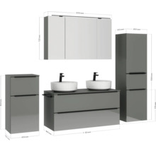 Set de meubles de salle de bains double NOBILIA Programm 3 lxhxp 230 x 169,1 x 48,7 cm couleur de façade gris haute brillance avec vasque pour meuble et armoire de toilette à 3 portes avec éclairage LED meuble bas armoire midi barre de prise noire 581