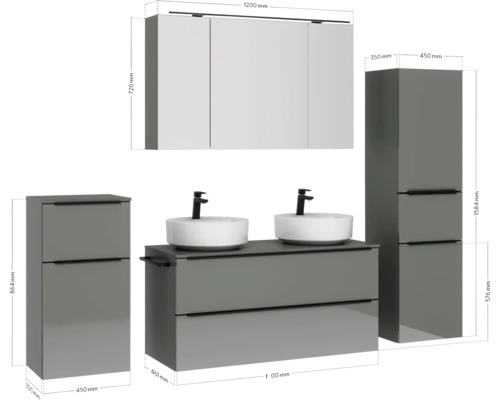 Ensemble de meubles de salle de bains avec double vasque, armoire de toilette et deux armoires hautes avec dimensions