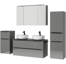 Set de meubles de salle de bains double NOBILIA Programm 3 lxhxp 230 x 169,1 x 48,7 cm couleur de façade gris haute brillance avec vasque pour meuble et armoire de toilette à 3 portes avec éclairage LED meuble bas armoire midi barre de prise noire 581