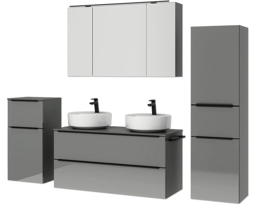Ensemble de salle de bains moderne avec meuble-lavabo, deux vasques, armoire suspendue et armoire haute