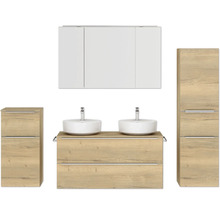 Doppel-Badmöbel-Set NOBILIA Programm 3 BxHxT 230 x 169,1 x 48,7 cm Frontfarbe eiche natur mit Möbel-Waschtisch und Spiegelschrank 3-türig mit LED-Beleuchtung Unterschrank Midischrank Griffleiste chrom matt 582