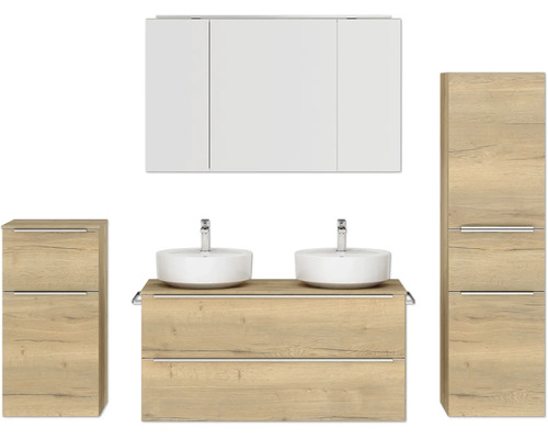 Doppel-Badmöbel-Set NOBILIA Programm 3 BxHxT 230 x 169,1 x 48,7 cm Frontfarbe eiche natur mit Möbel-Waschtisch und Spiegelschrank 3-türig mit LED-Beleuchtung Unterschrank Midischrank Griffleiste chrom matt 582 Badezimmer-Set mit Doppelwaschbecken, Waschtisch, Spiegelschrank und zwei Hochschränken