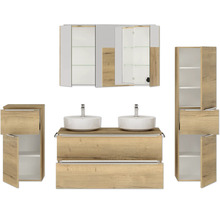 Doppel-Badmöbel-Set NOBILIA Programm 3 BxHxT 230 x 169,1 x 48,7 cm Frontfarbe eiche natur mit Möbel-Waschtisch und Spiegelschrank 3-türig mit LED-Beleuchtung Unterschrank Midischrank Griffleiste chrom matt 582