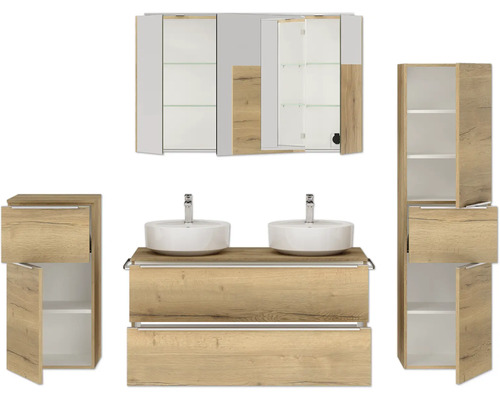 Ensemble de salle de bains avec meuble-lavabo, lavabo à poser, armoire de toilette et armoire haute