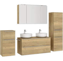 Doppel-Badmöbel-Set NOBILIA Programm 3 BxHxT 230 x 169,1 x 48,7 cm Frontfarbe eiche natur mit Möbel-Waschtisch und Spiegelschrank 3-türig mit LED-Beleuchtung Unterschrank Midischrank Griffleiste chrom matt 582