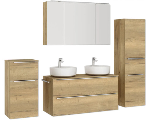 Ensemble de salle de bains avec meuble-lavabo, deux vasques, armoire de toilette et armoires hautes
