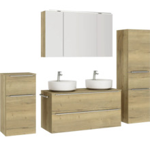Doppel-Badmöbel-Set NOBILIA Programm 3 BxHxT 230 x 169,1 x 48,7 cm Frontfarbe eiche natur mit Möbel-Waschtisch und Spiegelschrank 3-türig mit LED-Beleuchtung Unterschrank Midischrank Griffleiste chrom matt 582
