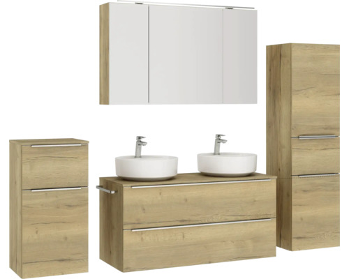 Ensemble de salle de bains avec meuble-lavabo, deux vasques, armoire de toilette et armoire haute