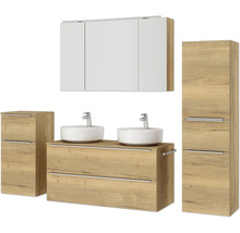 Doppel-Badmöbel-Set NOBILIA Programm 3 BxHxT 230 x 169,1 x 48,7 cm Frontfarbe eiche natur mit Möbel-Waschtisch und Spiegelschrank 3-türig mit LED-Beleuchtung Unterschrank Midischrank Griffleiste chrom matt 582