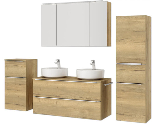 Ensemble de salle de bains avec meuble-lavabo, deux vasques, armoire de toilette et armoire latérale