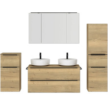 Doppel-Badmöbel-Set NOBILIA Programm 3 BxHxT 230 x 169,1 x 48,7 cm Frontfarbe eiche natur mit Möbel-Waschtisch und Spiegelschrank 3-türig mit LED-Beleuchtung Unterschrank Midischrank Griffleiste schwarz 583