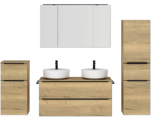 Doppel-Badmöbel-Set NOBILIA Programm 3 BxHxT 230 x 169,1 x 48,7 cm Frontfarbe eiche natur mit Möbel-Waschtisch und Spiegelschrank 3-türig mit LED-Beleuchtung Unterschrank Midischrank Griffleiste schwarz 583 Badezimmermöbelset mit Doppelwaschbecken, Spiegelschrank und Hochschränken in Holzoptik