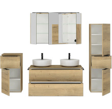 Doppel-Badmöbel-Set NOBILIA Programm 3 BxHxT 230 x 169,1 x 48,7 cm Frontfarbe eiche natur mit Möbel-Waschtisch und Spiegelschrank 3-türig mit LED-Beleuchtung Unterschrank Midischrank Griffleiste schwarz 583