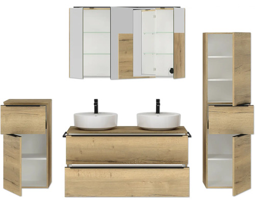 Ensemble de salle de bains avec lavabos, meuble sous-vasque et armoire de toilette