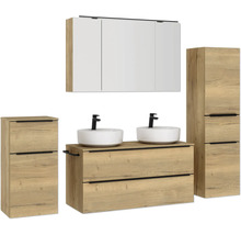 Doppel-Badmöbel-Set NOBILIA Programm 3 BxHxT 230 x 169,1 x 48,7 cm Frontfarbe eiche natur mit Möbel-Waschtisch und Spiegelschrank 3-türig mit LED-Beleuchtung Unterschrank Midischrank Griffleiste schwarz 583