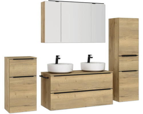 Ensemble de salle de bains avec meuble-lavabo, vasque à poser, armoire de toilette et armoire haute