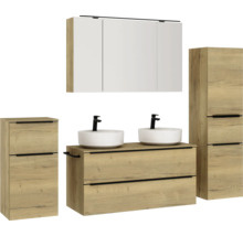 Doppel-Badmöbel-Set NOBILIA Programm 3 BxHxT 230 x 169,1 x 48,7 cm Frontfarbe eiche natur mit Möbel-Waschtisch und Spiegelschrank 3-türig mit LED-Beleuchtung Unterschrank Midischrank Griffleiste schwarz 583