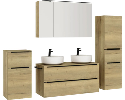 Ensemble de salle de bains avec meuble-lavabo, deux vasques, armoire de toilette et deux armoires latérales en décor bois clair