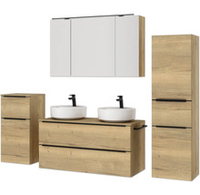 Doppel-Badmöbel-Set NOBILIA Programm 3 BxHxT 230 x 169,1 x 48,7 cm Frontfarbe eiche natur mit Möbel-Waschtisch und Spiegelschrank 3-türig mit LED-Beleuchtung Unterschrank Midischrank Griffleiste schwarz 583