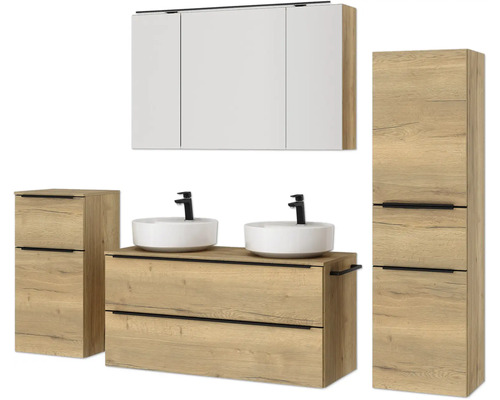 Ensemble de salle de bains avec meuble sous-lavabo, deux vasques à poser, armoire de toilette et deux armoires hautes