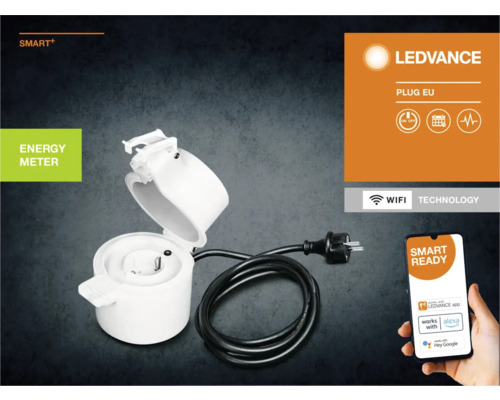 Ledvance Smart Plus Energiekostenmessgerät für den Aussenbereich mit zugehöriger App auf einem Smartphone