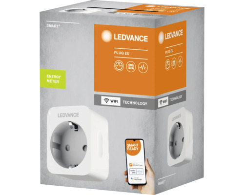 Emballage Ledvance Smart Plug EU avec image du produit et symboles de l''application smartphone