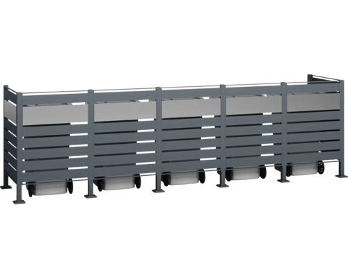 Cache-poubelles gris avec lamelles et espace de rangement pour plusieurs poubelles