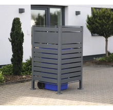 Mülltonnenbox aus Aluminium mit horizontalen Lamellen zur Aufbewahrung von Mülltonnen im Außenbereich