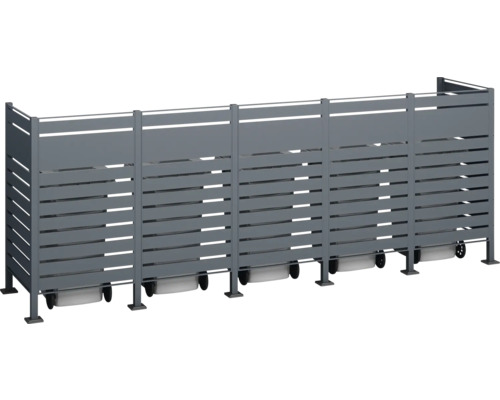 Graue Mülltonnenbox mit Lattenoptik und Rollen zur Aufbewahrung von Mülltonnen im Außenbereich