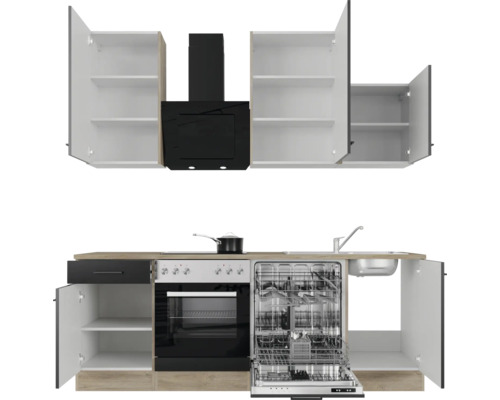 Küchenzeile mit Spüle, Geschirrspüler, Herd, Dunstabzugshaube und Schränken