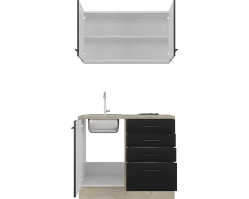 Kompakte Küchenzeile mit Spüle, Armatur, Schubladen und Hängeschrank für kleine Räume