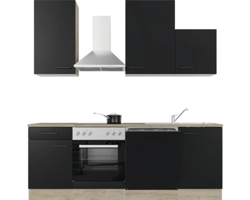 Komplette Küchenzeile mit Ober- und Unterschränken, Spüle, Herd und Dunstabzugshaube