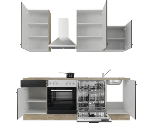 Küchenzeile mit Spüle, Geschirrspüler, Herd, Dunstabzugshaube und Schränken