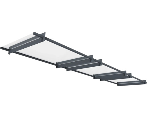 Terrassenüberdachung mit grauer Metallstruktur und heller Bedachung.