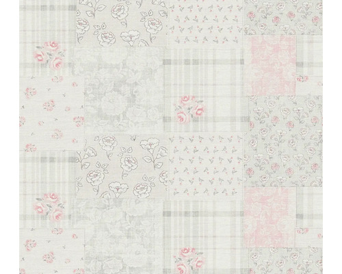 Papier peint intissé 39066-3 Maison Charme Retro Patchwork gris Papier peint avec motif patchwork de fleurs et de carreaux