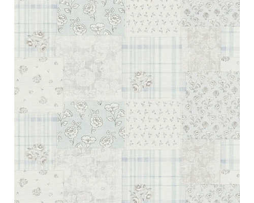 Vliestapete 39066-4 Maison Charme Retro Patchwork hellblau Patchwork Tapete mit floralen und Karomustern