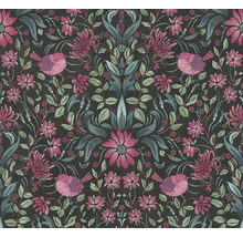 Tapete mit Vogel-, Blatt- und Blumenmuster