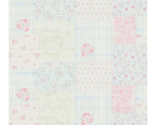 Papier peint intissé 39066-1 Maison Charme Retro Patchwork bleu Papier peint avec motif patchwork et motifs floraux