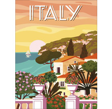 Illustration einer Küstenlandschaft in Italien mit Häusern, Vegetation und einem Segelboot auf dem Meer